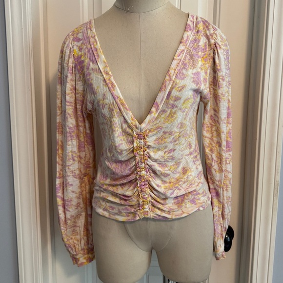 Free People Small Say the Word Ruched Abstract Floral Long Sleeve Top - Picture 2 of 8